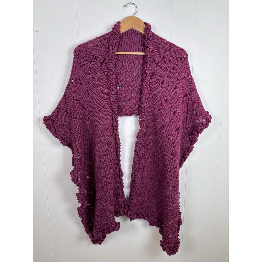 Hand Crocheted Plum Wrap Shawl 69 x 16 Ruffled Edges Knit Spring Shawl Plus Size